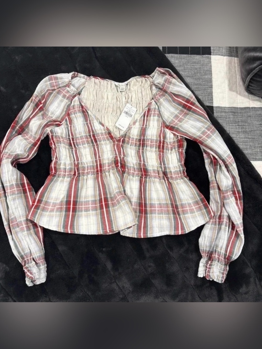 American Eagle Outfitters Red and White Plaid Smocked Peplum Long Sleeve Top